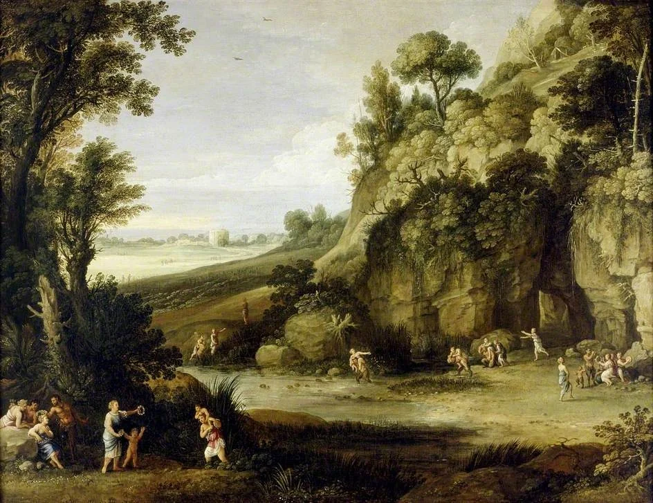 Mythological Landscape with Nymphs and Satyrs, by Paul Bril, oil, 1621