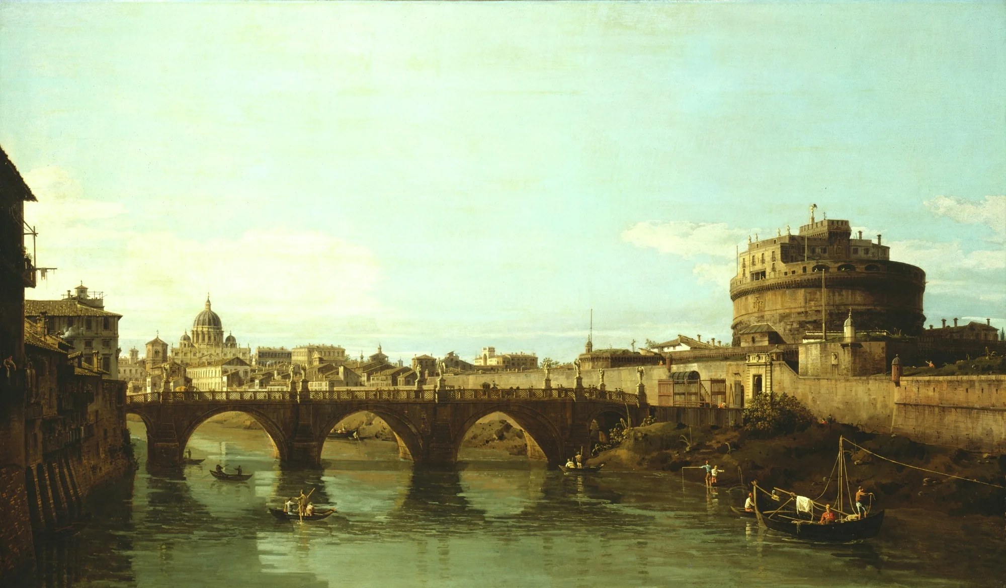 View of the Tiber in Rome with the Castel Sant'Angelo, by Bernardo Bellotto, oil, 1743