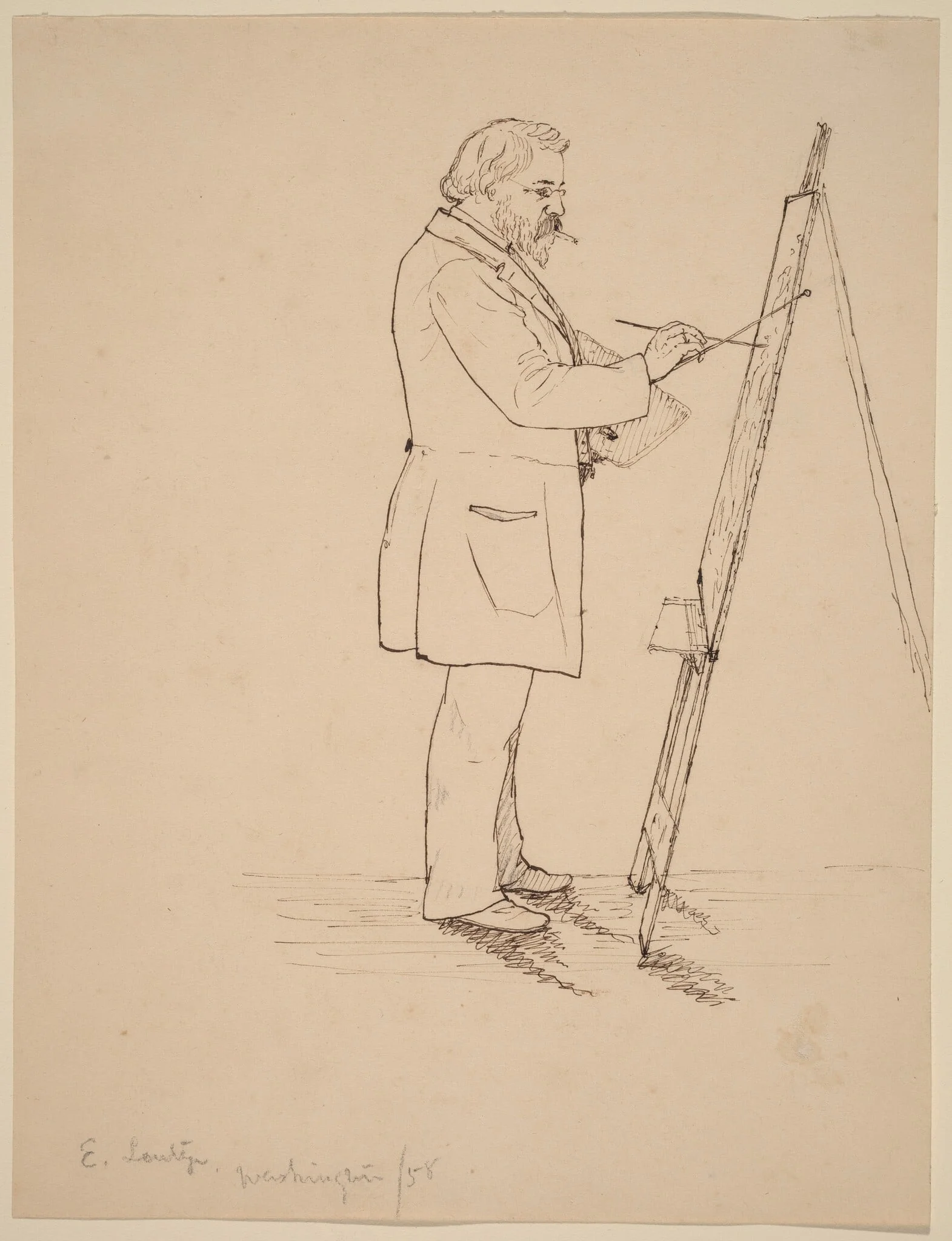 Sketching - Emanuel Leutze, by John Quincy Adams Ward, ink, 1858