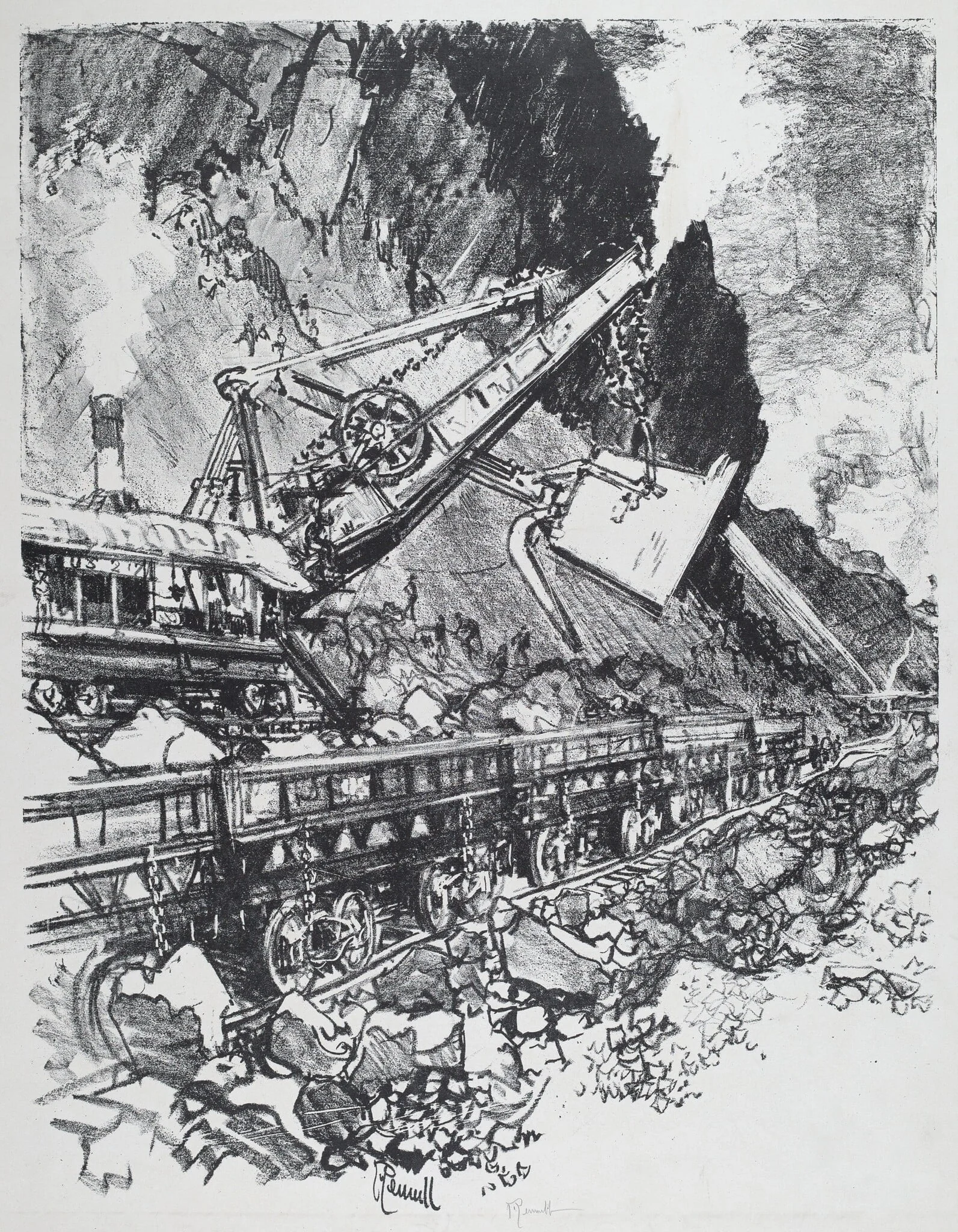 Steam Shovel in the Cut at Bas Obispo, by Joseph Pennell, ink, 1912
