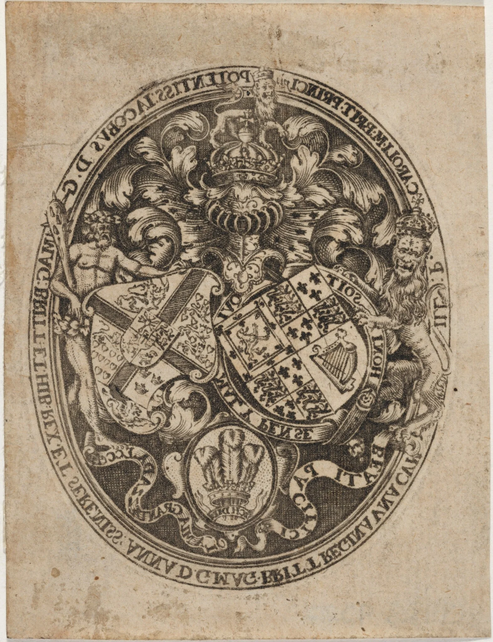 Shield of James I, Anne of Denmark, and Prince Charles, by Simon van de Passe, ink, 1621