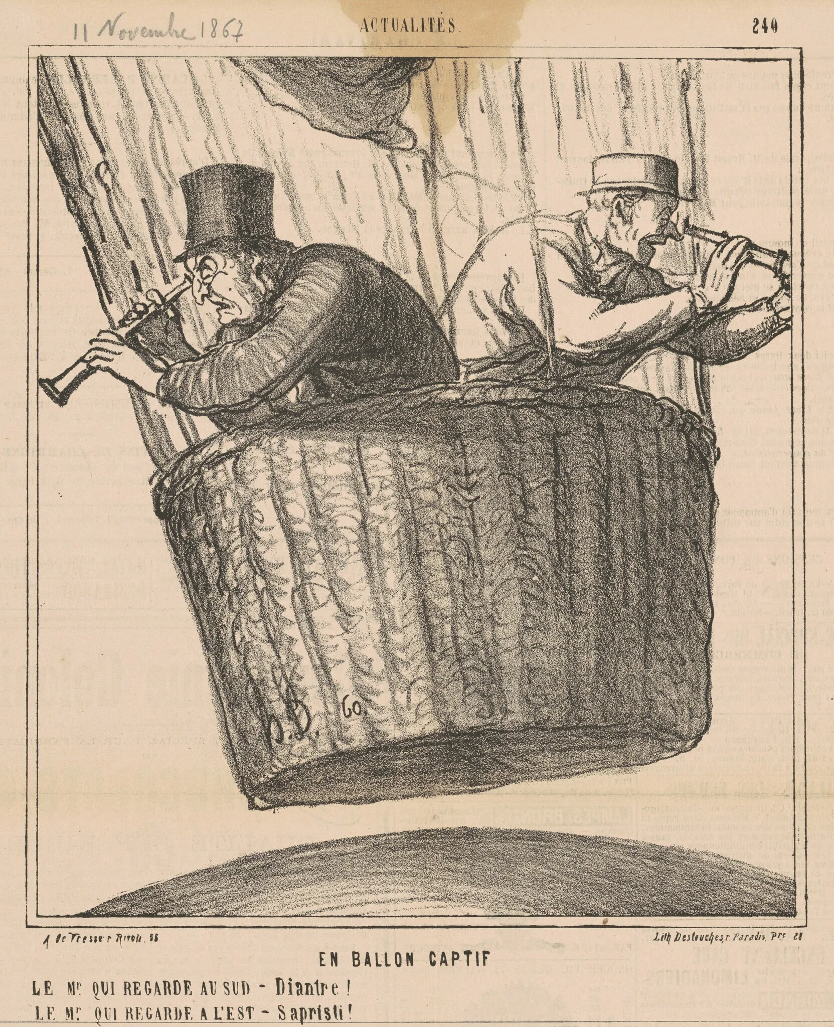 En ballon captif, by Honoré Daumier, ink, 1867