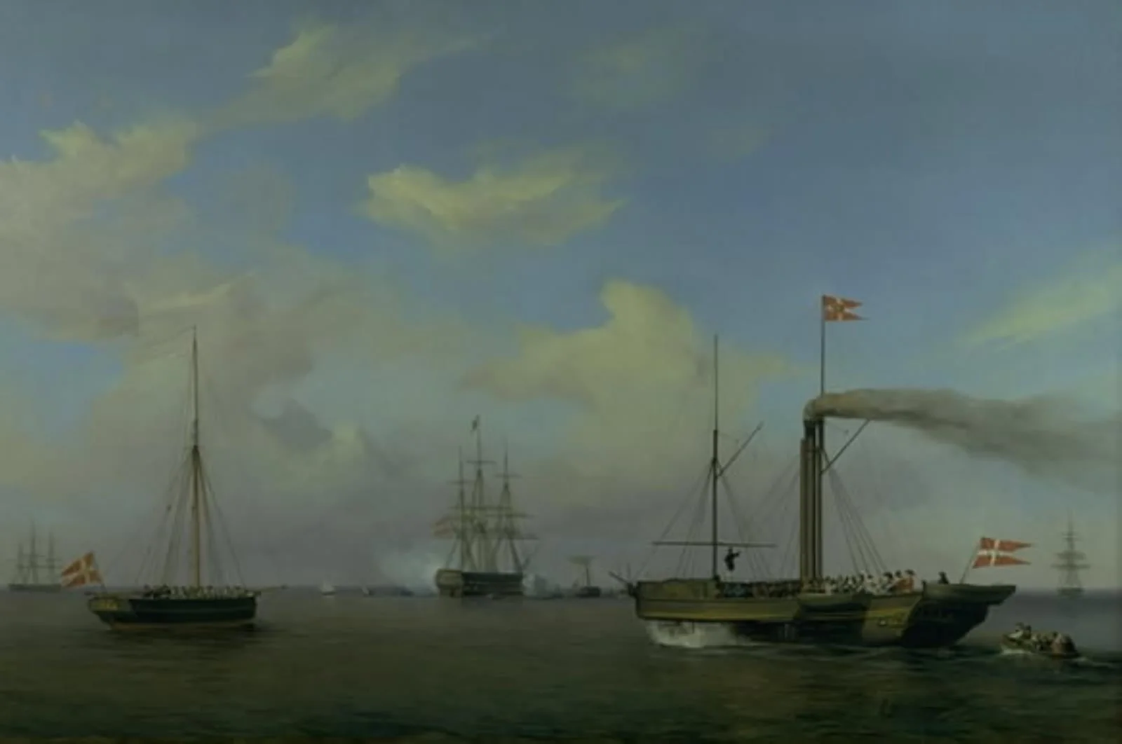 Den danske eskadre til ankers på Warnemünde rhed. Deres kongelige højheder kronprinsen og kronprinsessen ankommer på dampskibet "Kiel" til eskadren, og orlogsskibet "Christian den Ottende" begynder at salutere, by Unknown, 1842