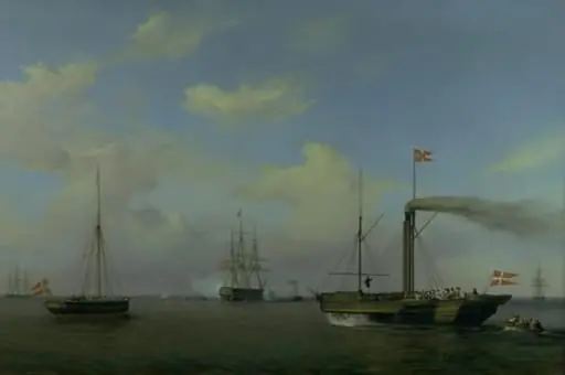 Den danske eskadre til ankers på Warnemünde rhed. Deres kongelige højheder kronprinsen og kronprinsessen ankommer på dampskibet "Kiel" til eskadren, og orlogsskibet "Christian den Ottende" begynder at salutere