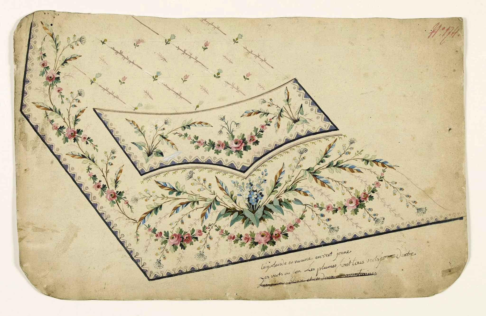 Composition de bouquets de bleuets et guirlandes de roses, frises de chevrons et de perles, projets de broderies de gilet, XVIIIème siècle, by Anonyme, 1750