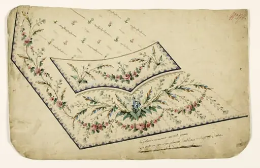 Composition de bouquets de bleuets et guirlandes de roses, frises de chevrons et de perles, projets de broderies de gilet, XVIIIème siècle