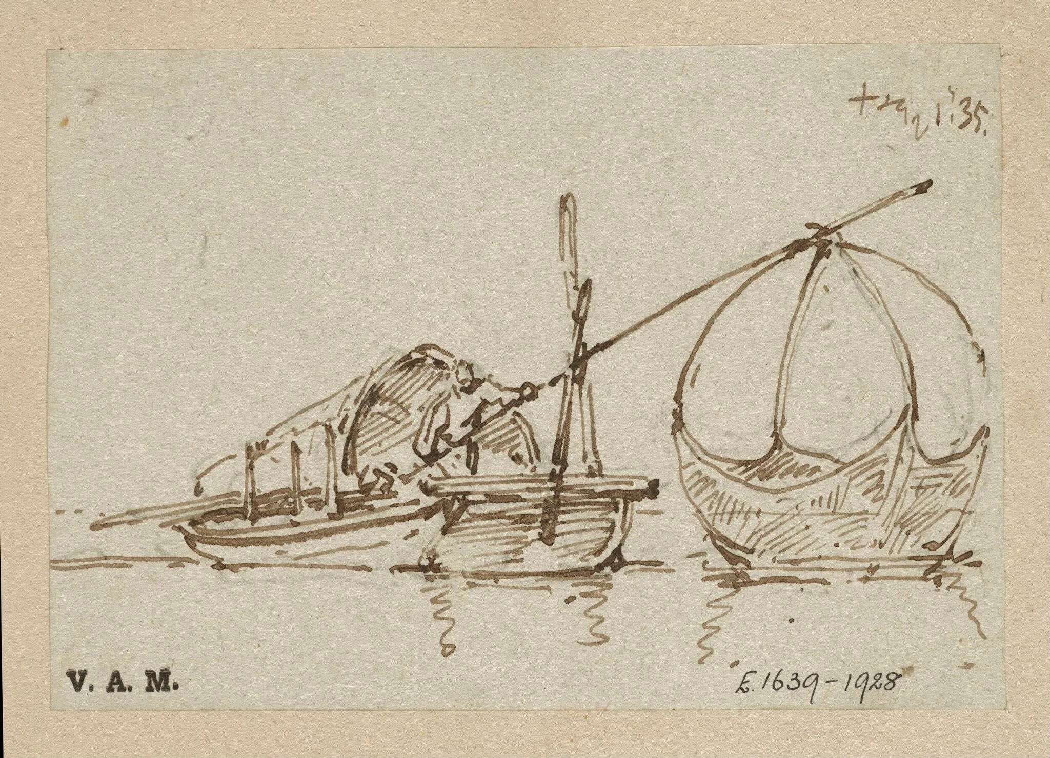 A Tanka boat with a figure operating a lift net, by George Chinnery, 6