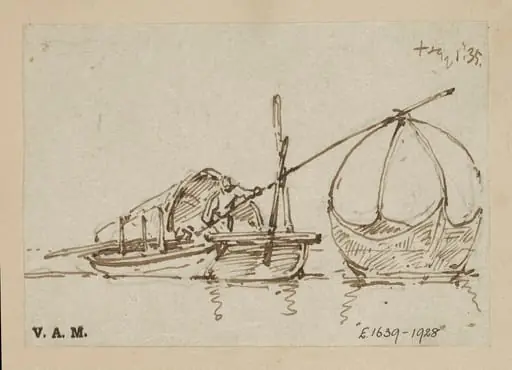 A Tanka boat with a figure operating a lift net