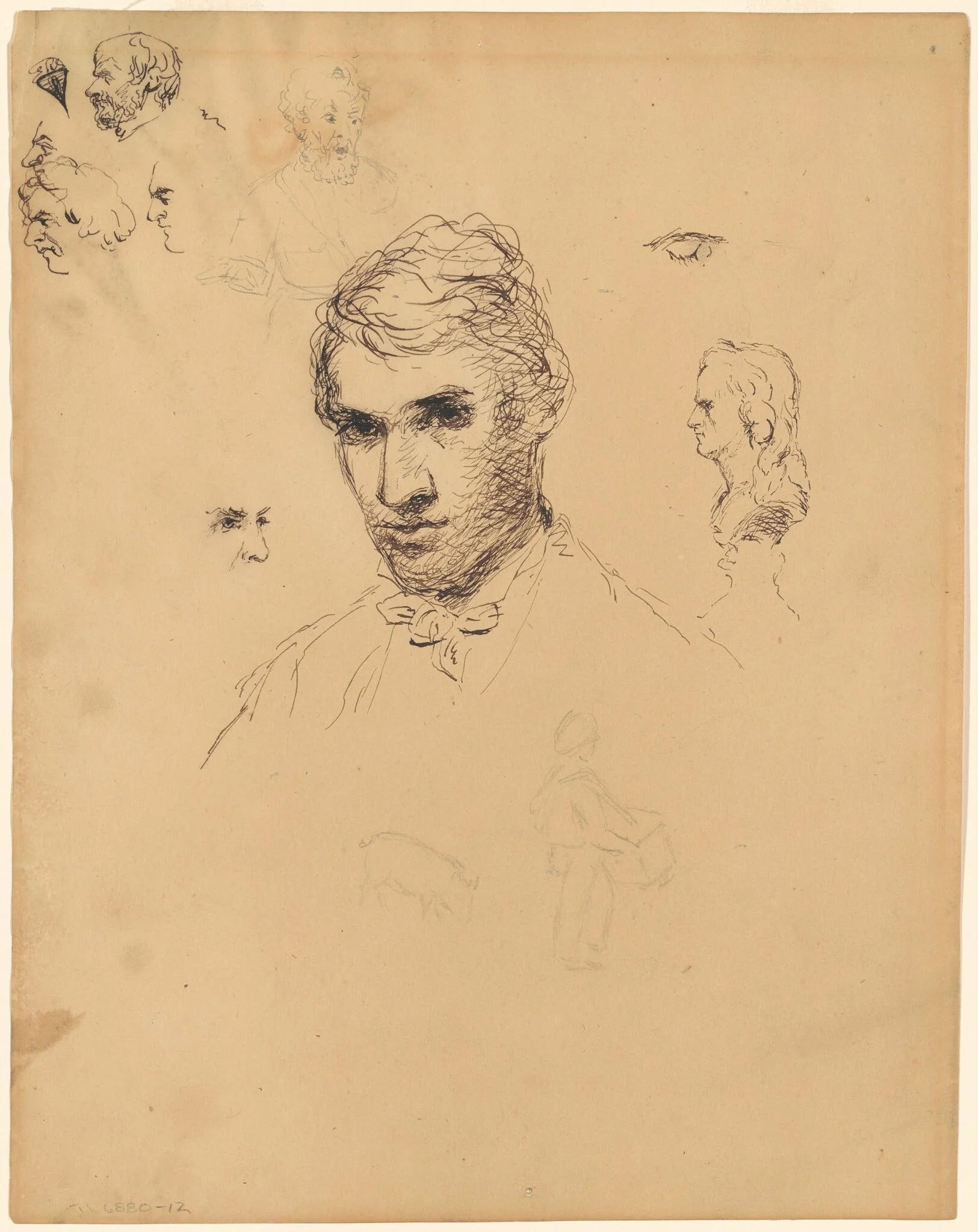 Head of a Man, with Various Studies, by Sanford Robinson Gifford, ink, 1850
