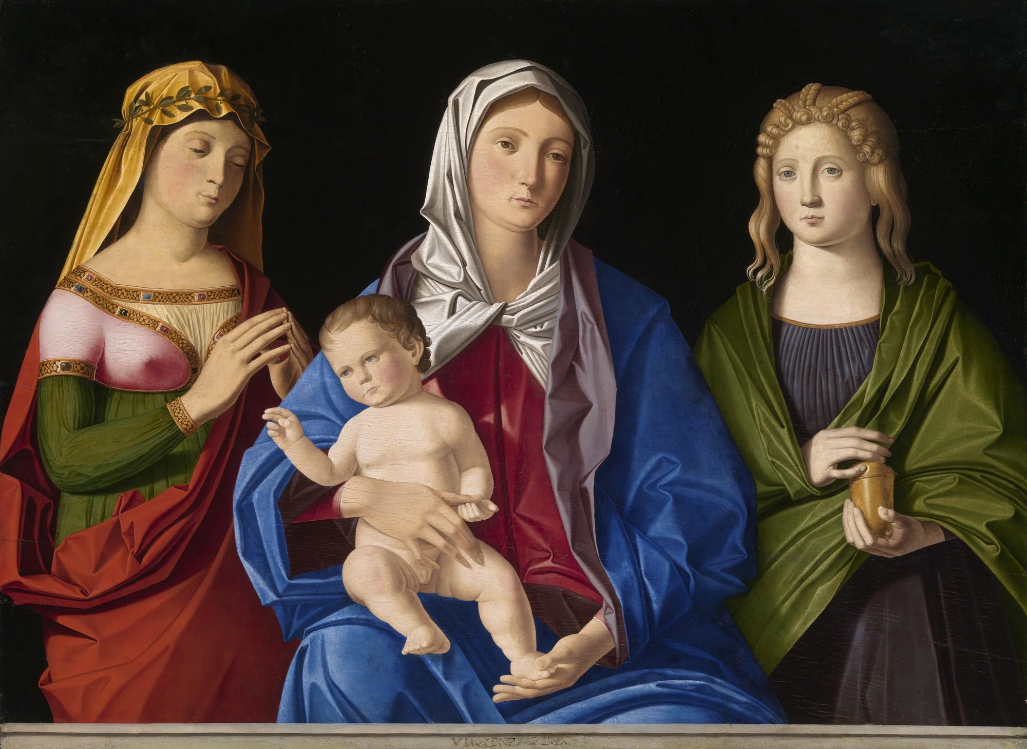 Virgin and Child with Saint Mary Magdalene and Another Female Saint, by Vincenzo Catena, oil, 1510