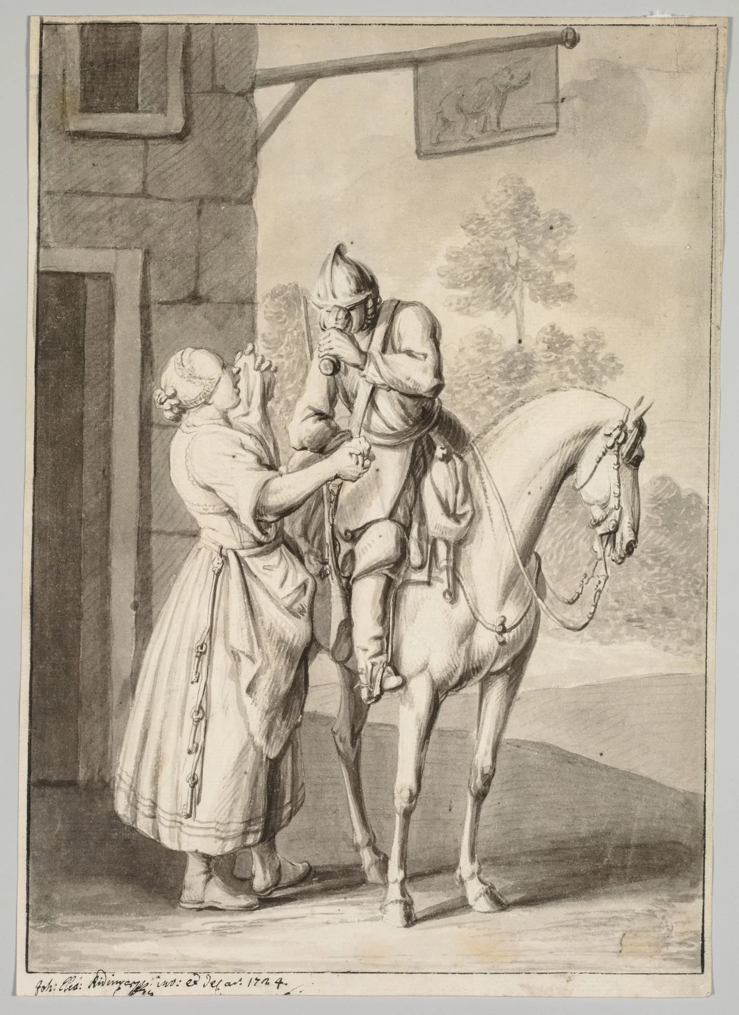 A Soldier in Armor in Front of a Tavern, by Johann Elias Ridinger, 1724