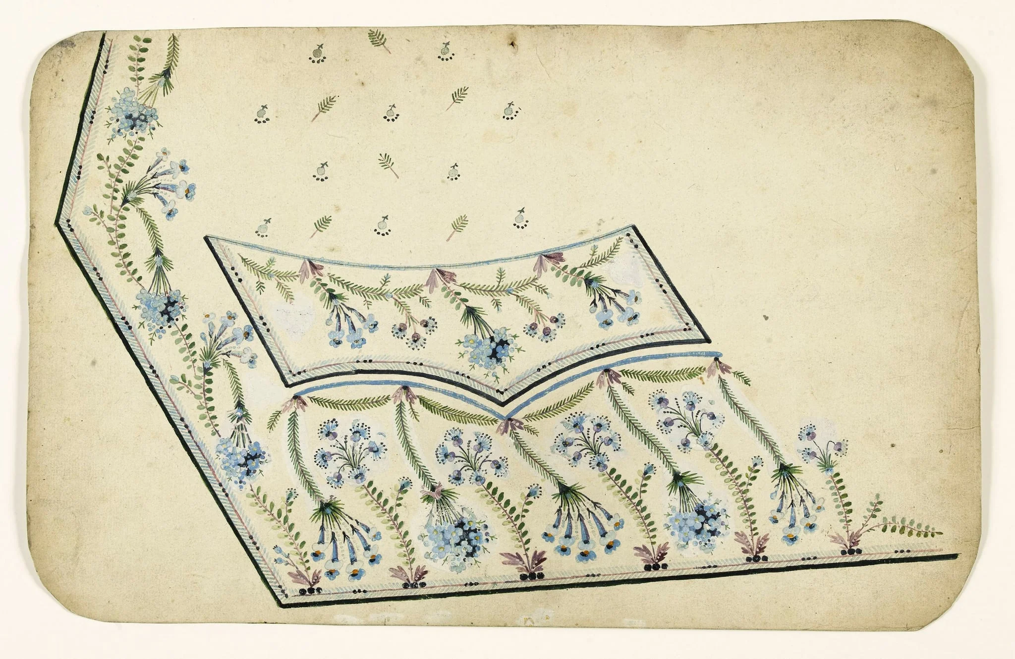 Composition en guirlandes de feuilles et de fleurs bleues, projets de broderies de gilet, XVIIIème siècle, by Anonyme, 1750