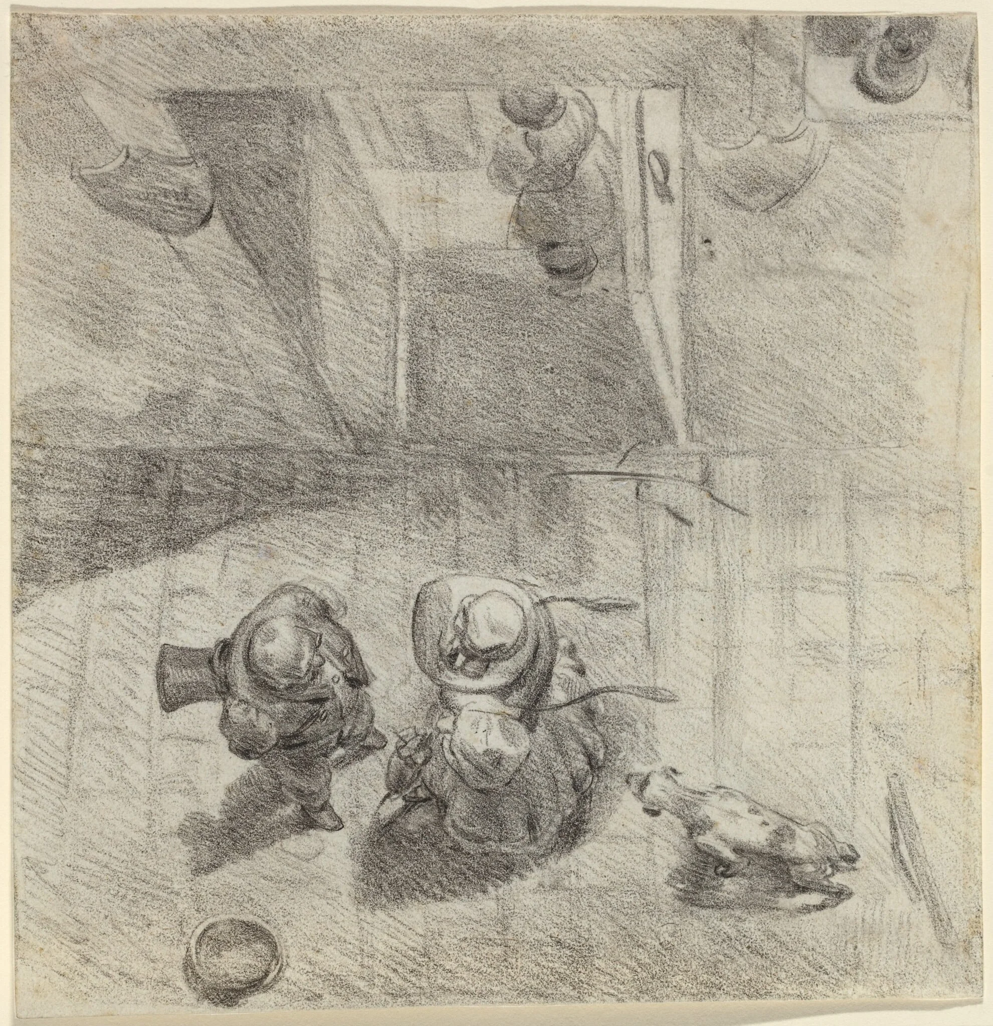 Bird's Eye View of a Man and Woman Conversing, by Jean-Ignace-Isidore Grandville, graphite, 1830