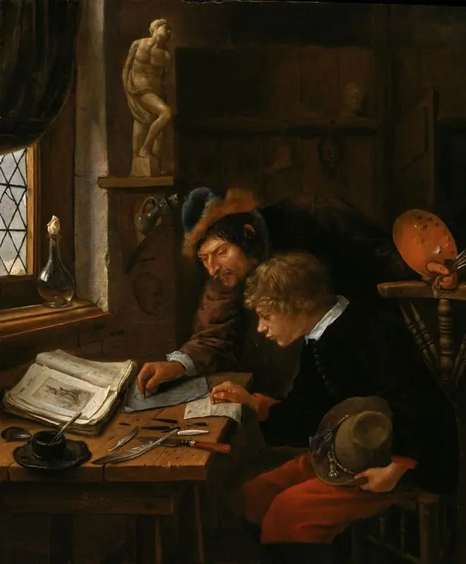 The drawing lesson for a boy holding a hat