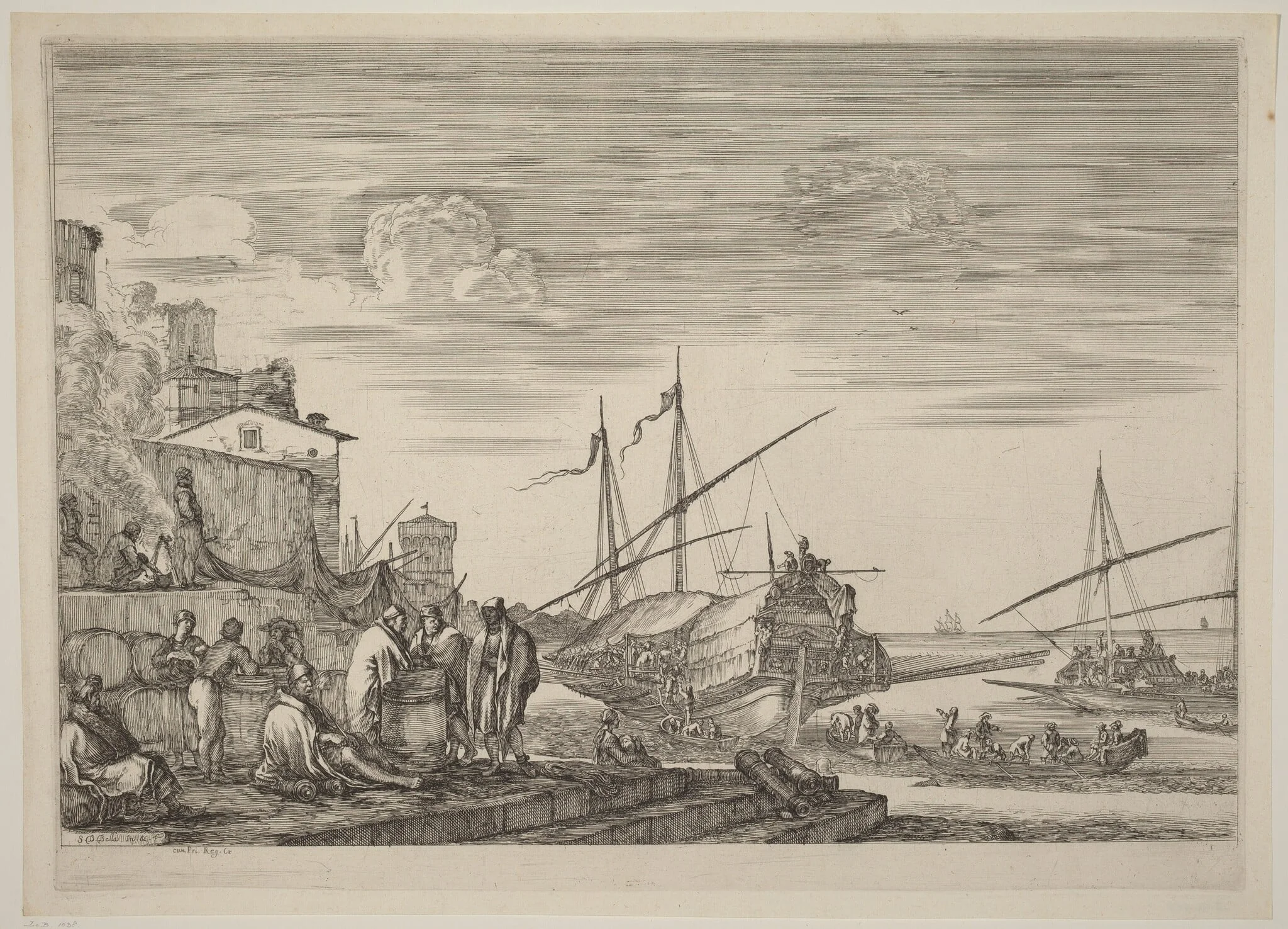 View of Several Houses Facing the Port, by Stefano Della Bella, ink, 1654