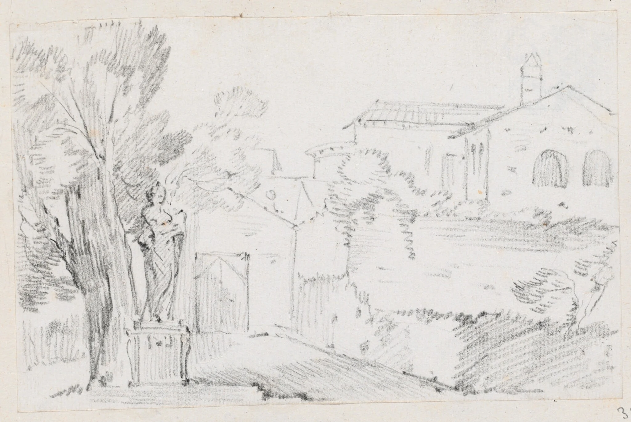 Corner of an Italian Garden with a Church Beyond, by Joseph-Marie Vien, graphite, 1747