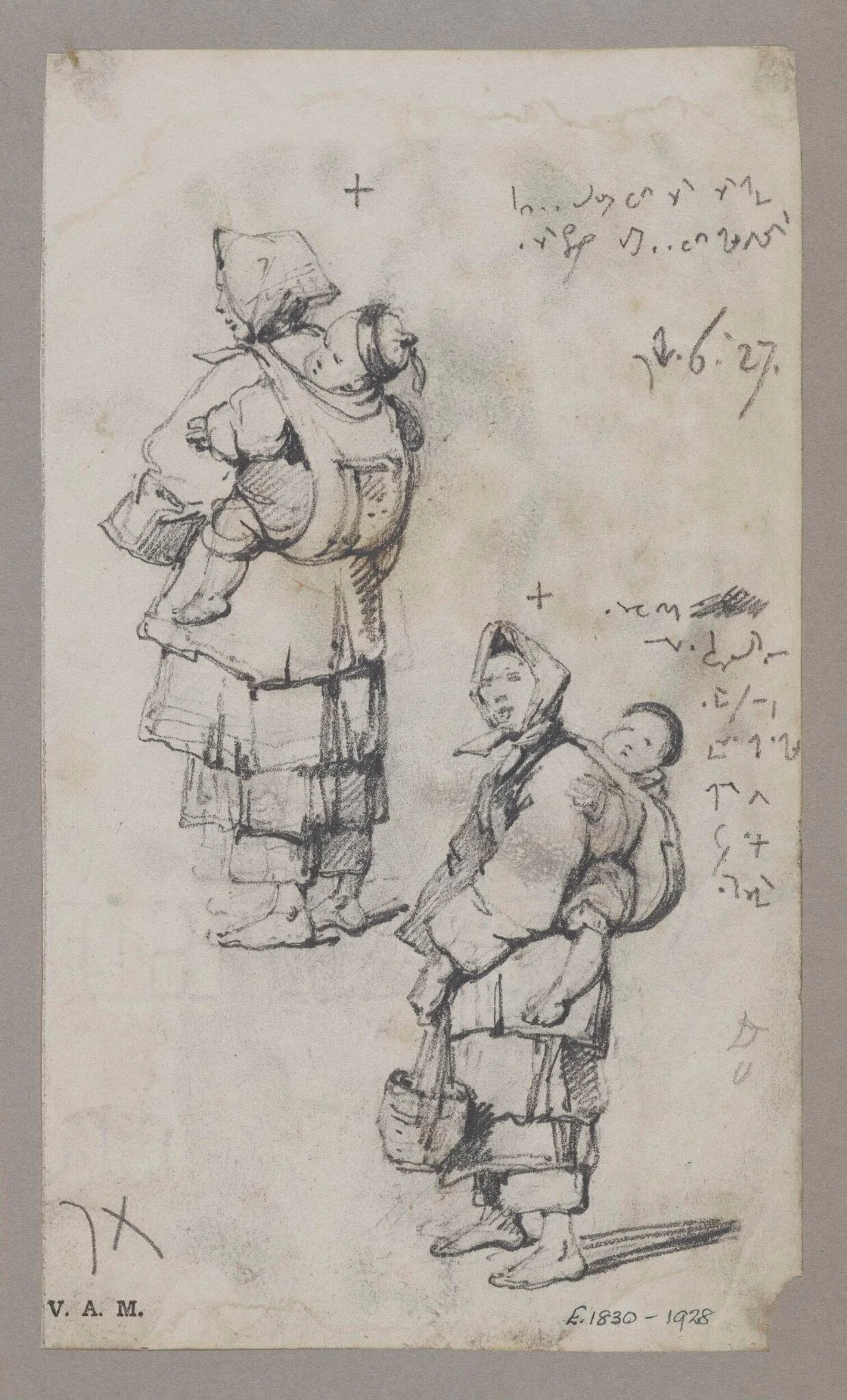 Two drawings of a boatwoman with a child on her back, by George Chinnery, 4