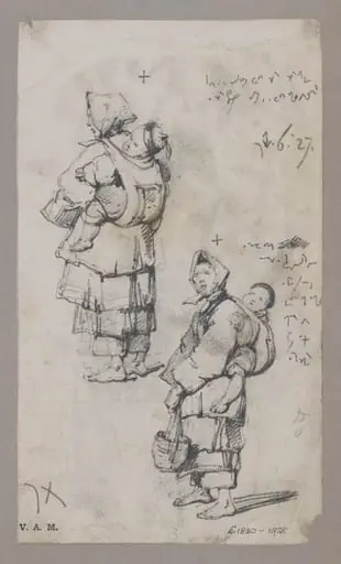 Two drawings of a boatwoman with a child on her back
