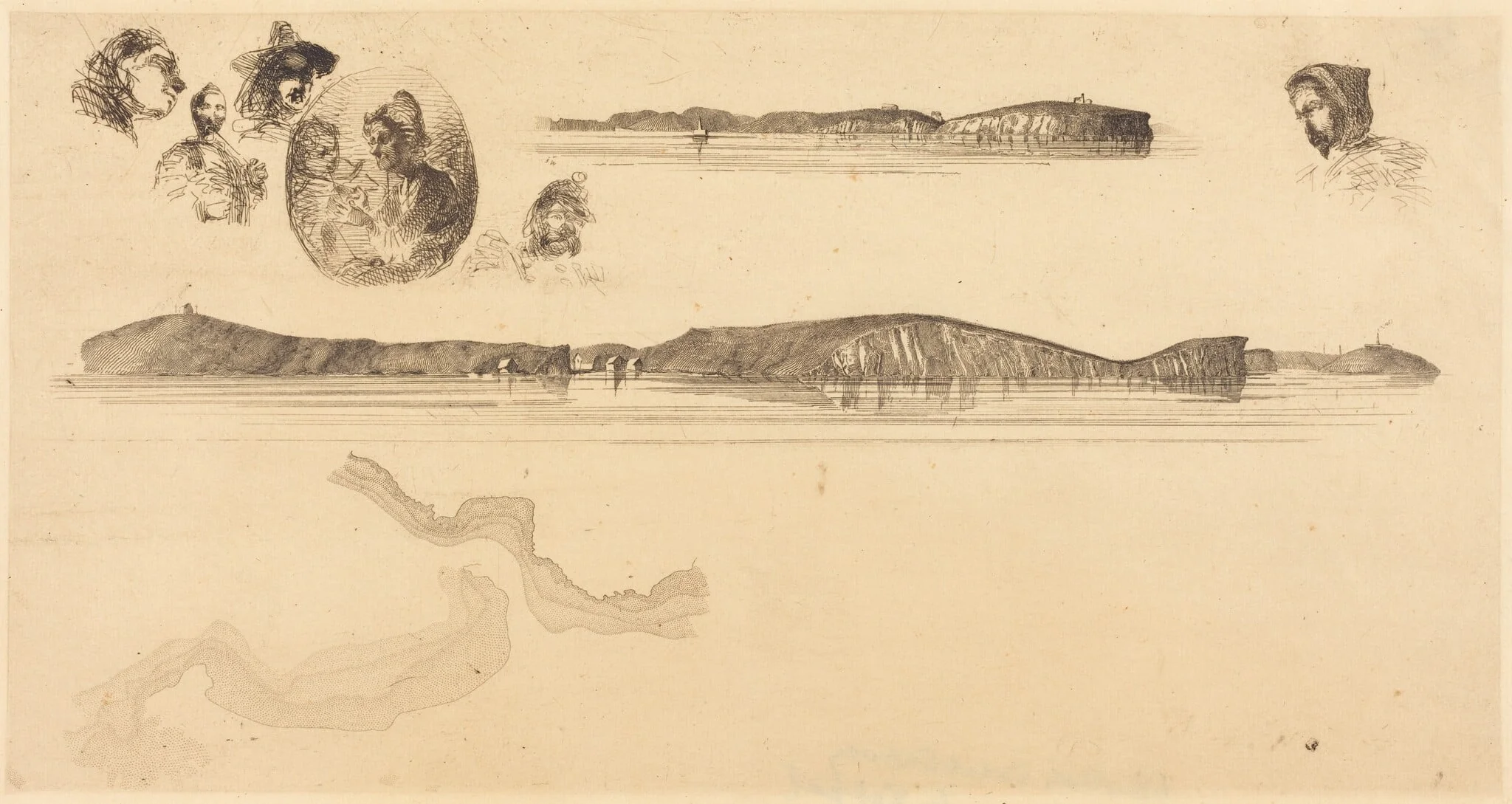 Sketches on the Coast Survey Plate, by James McNeill Whistler, ink, 1854
