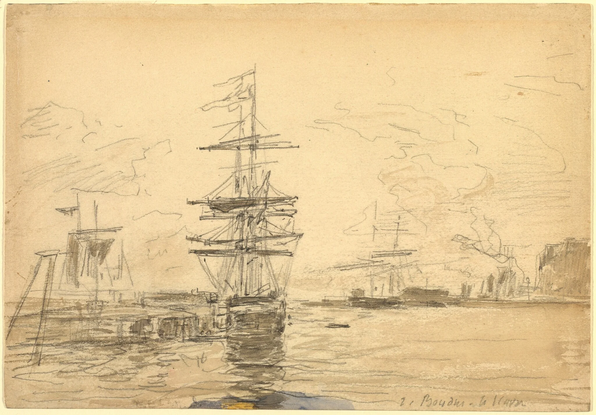 Ships in Harbor, by Eugène Boudin, graphite, 1875