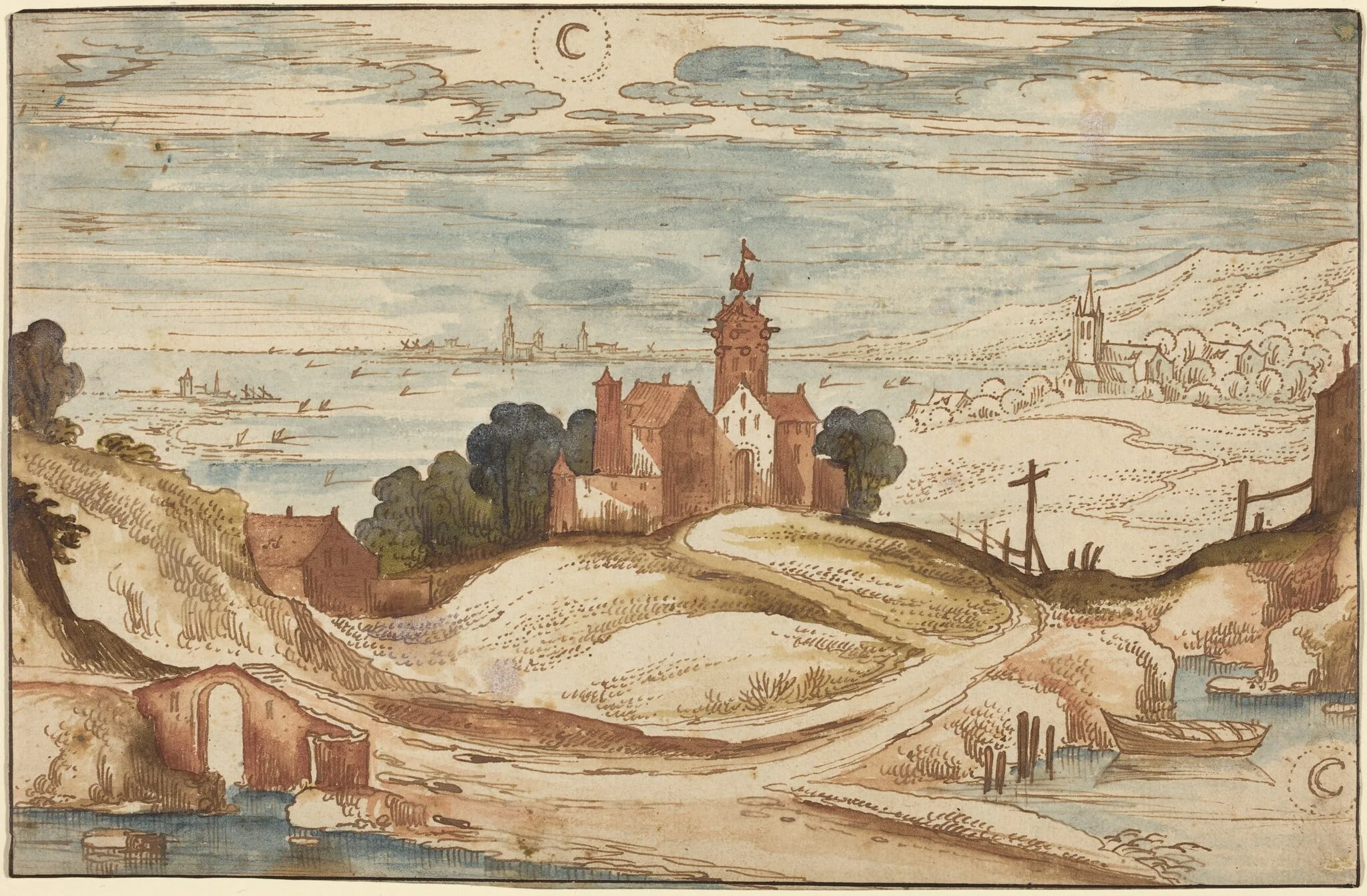 Landscape with Chateau on a Hill, by Joos de Momper II, ink, 1600
