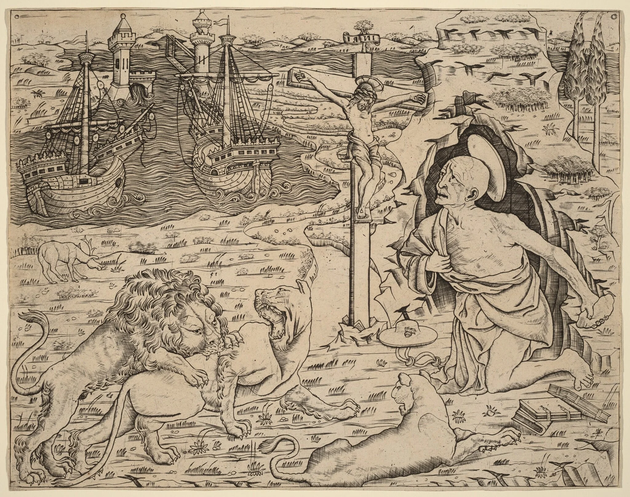 Saint Jerome in Penitence, with Two Ships in a Harbor, by Italian 15th Century, ink, 1490