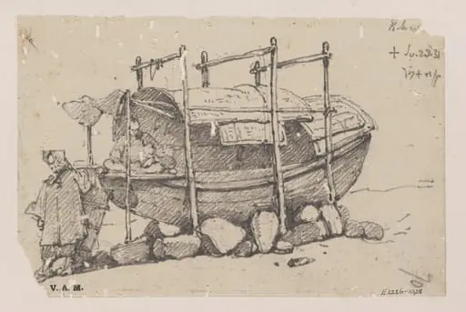Figures by a beached Tanka boat