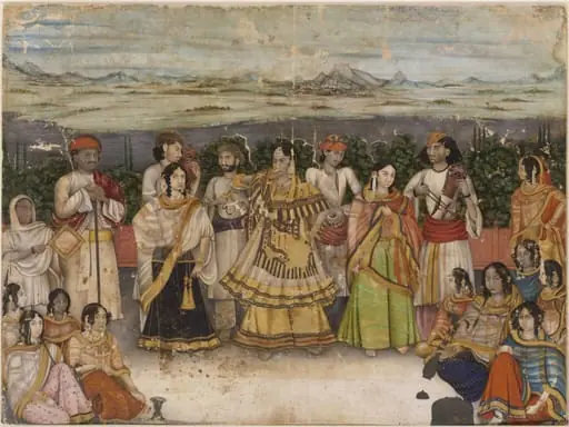 A group of dancing-girls and musicians