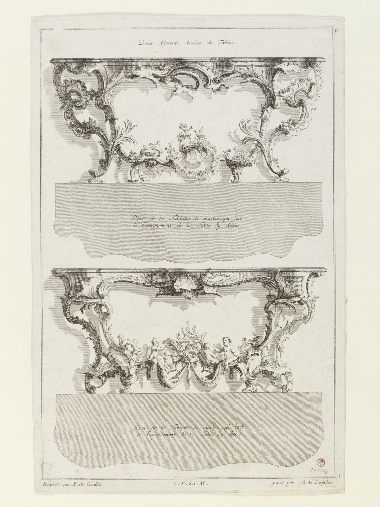 Ornament print showing a pair of console tables