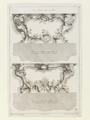 Ornament print showing a pair of console tables