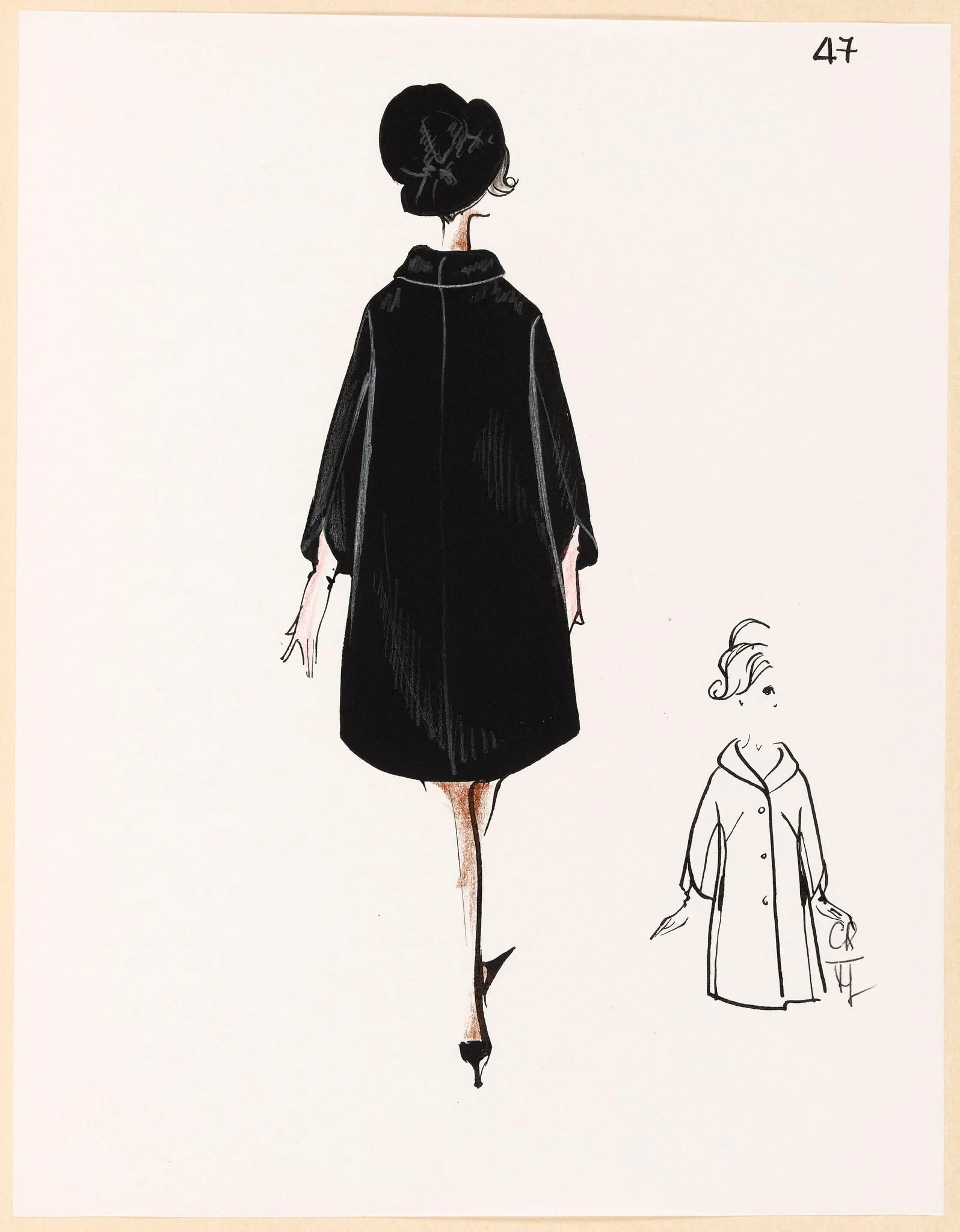 Manteau noir et chapeau assorti, by Carven, 1967
