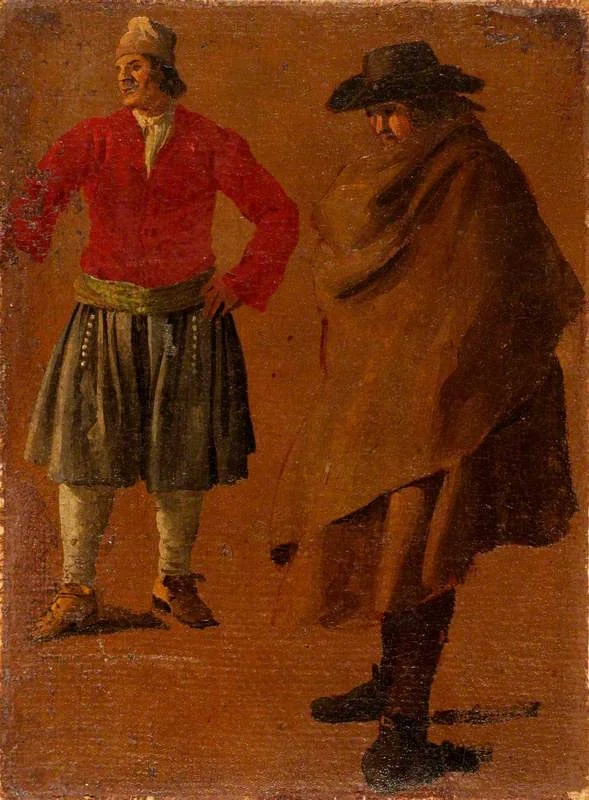 Two Studies of Men, by Luca Carlevarijs, oil, 1705