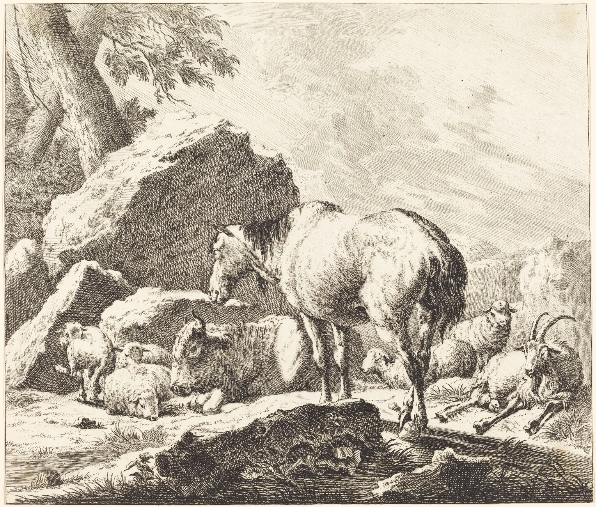 A Horse, Buffalo, Sheep, and Goat in an Italian Landscape, by Johann Elias Ridinger, ink, 1748