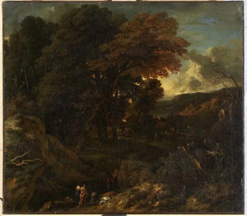 Italian forest landscape with bathers