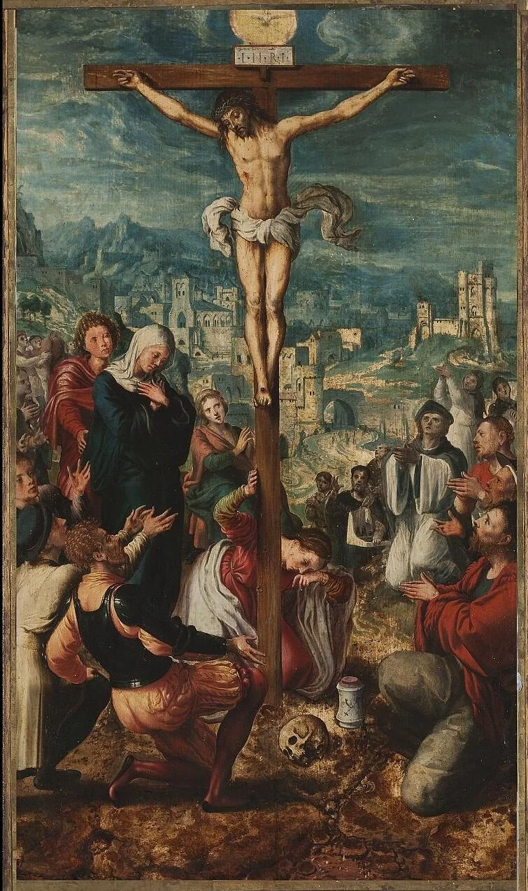 Triptych:Crucifixion of Jesus (central panel), by Unknown, oil, 1550