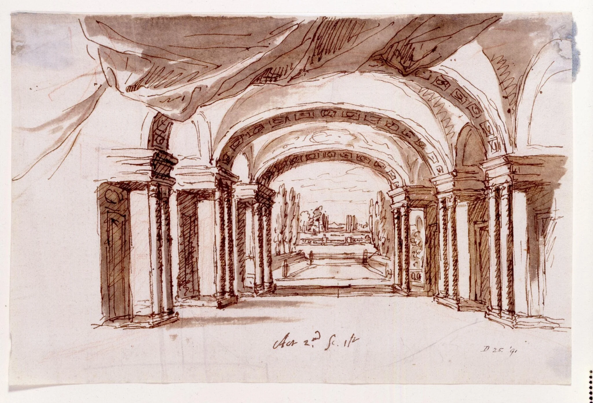 Drawing, Design for a stage set for Arsinoe, Queen of Cyprus at the Theatre Royal, London  for Act II, scene 1, a great hall looking into a garden, by James Thornhill, 1705