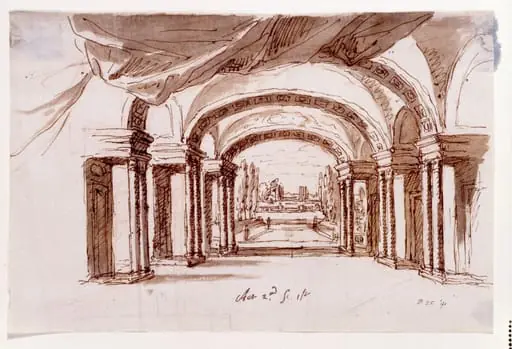 Drawing, Design for a stage set for Arsinoe, Queen of Cyprus at the Theatre Royal, London  for Act II, scene 1, a great hall looking into a garden