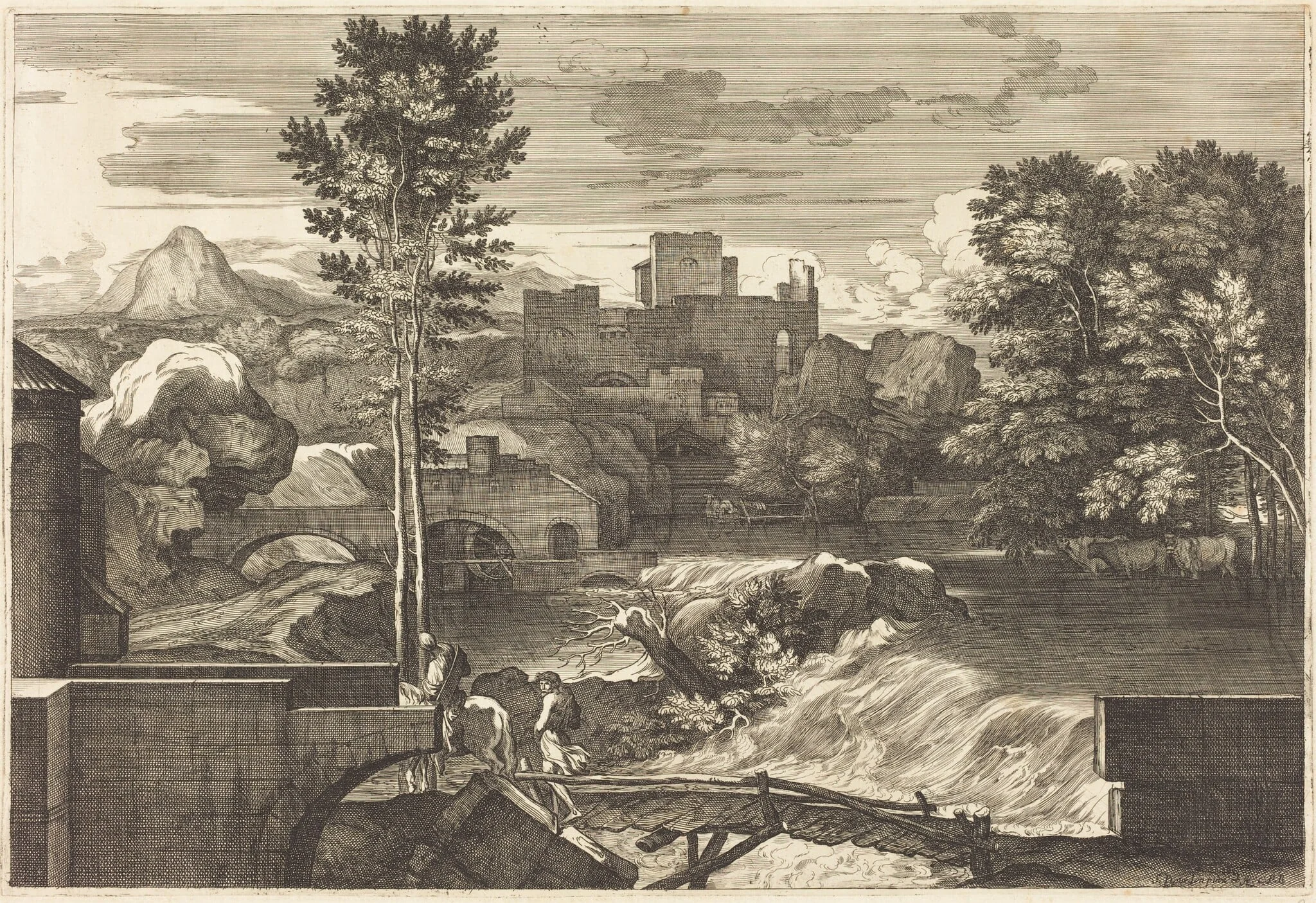 Landscape with Two Figures on a Bridge, by Sébastien Bourdon, ink, 1644