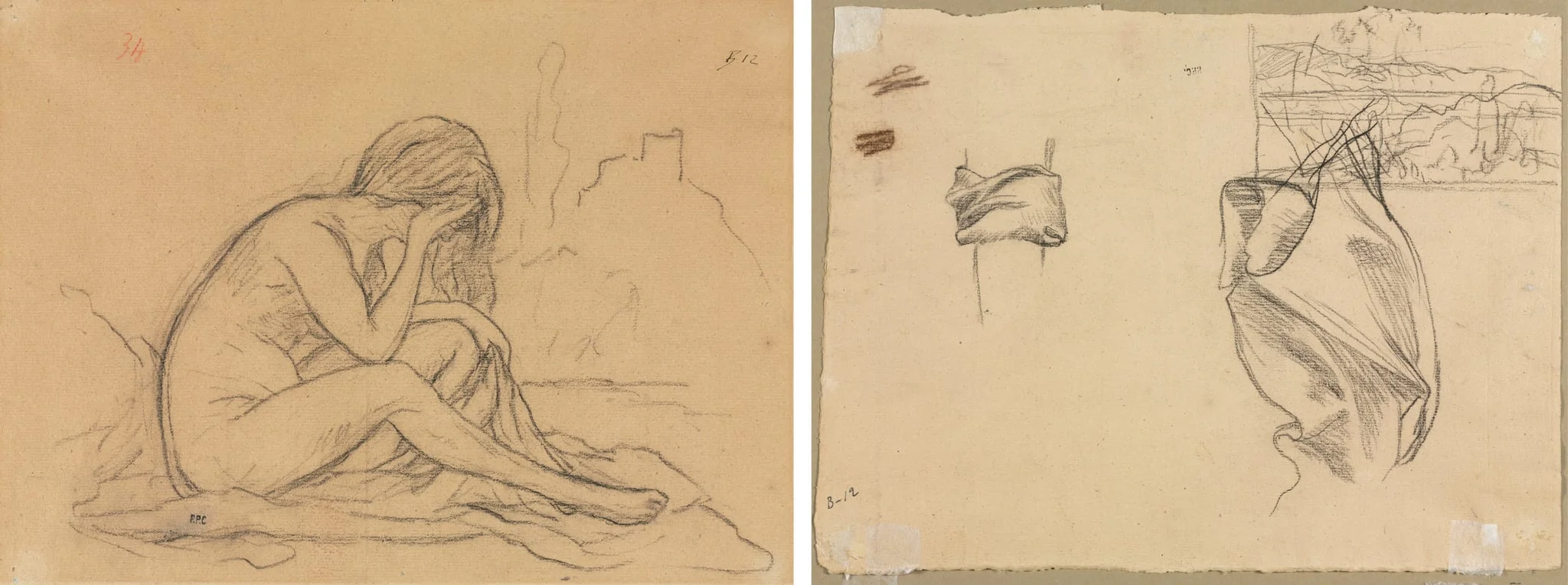 Study of a Female Nude (possibly for an unrealized allegorical painting) (recto); Studies of Drapery and Study of a Landscape (verso), by Pierre Puvis de Chavannes, 1804