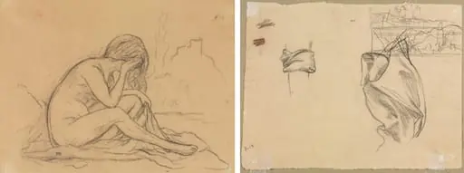 Study of a Female Nude (possibly for an unrealized allegorical painting) (recto); Studies of Drapery and Study of a Landscape (verso)
