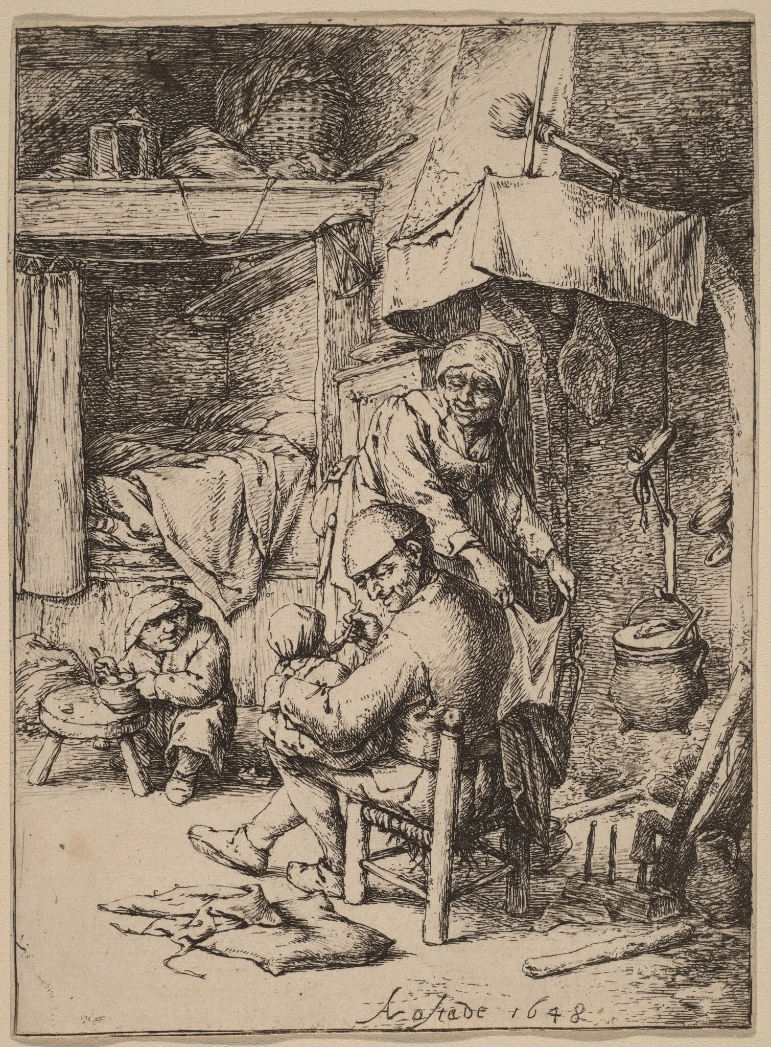Peasant Family in an Interior wtih the Father Feeding a Child, by Adriaen van Ostade, ink, 1648