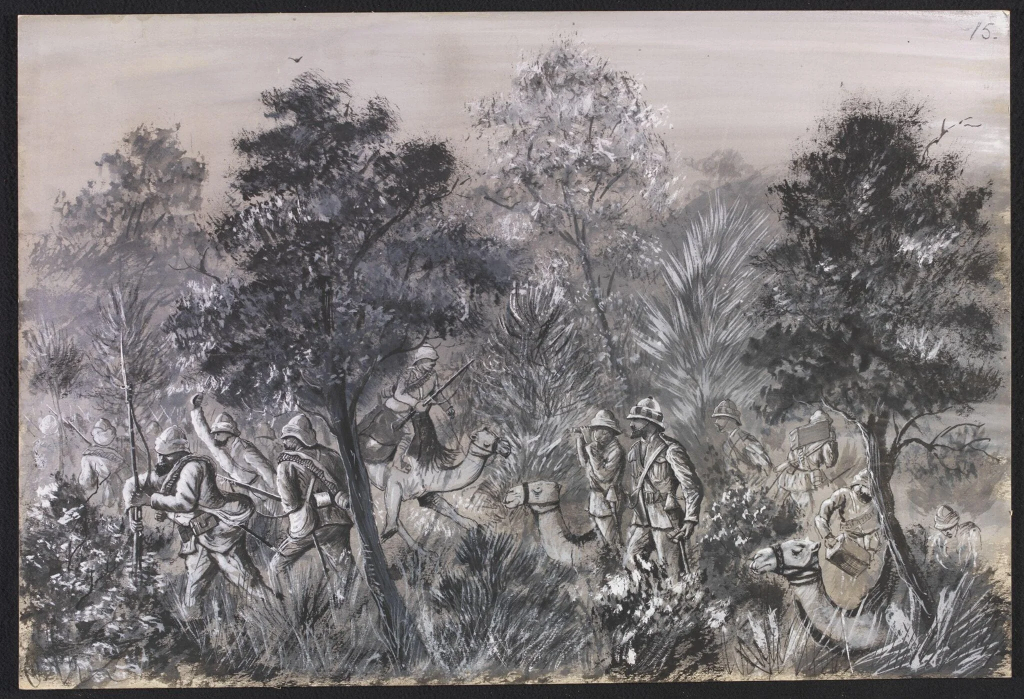 Attack on Convoy of Wounded under Col. Talbot.  Feb. 1885., by William S. Perry, watercolor, 1885