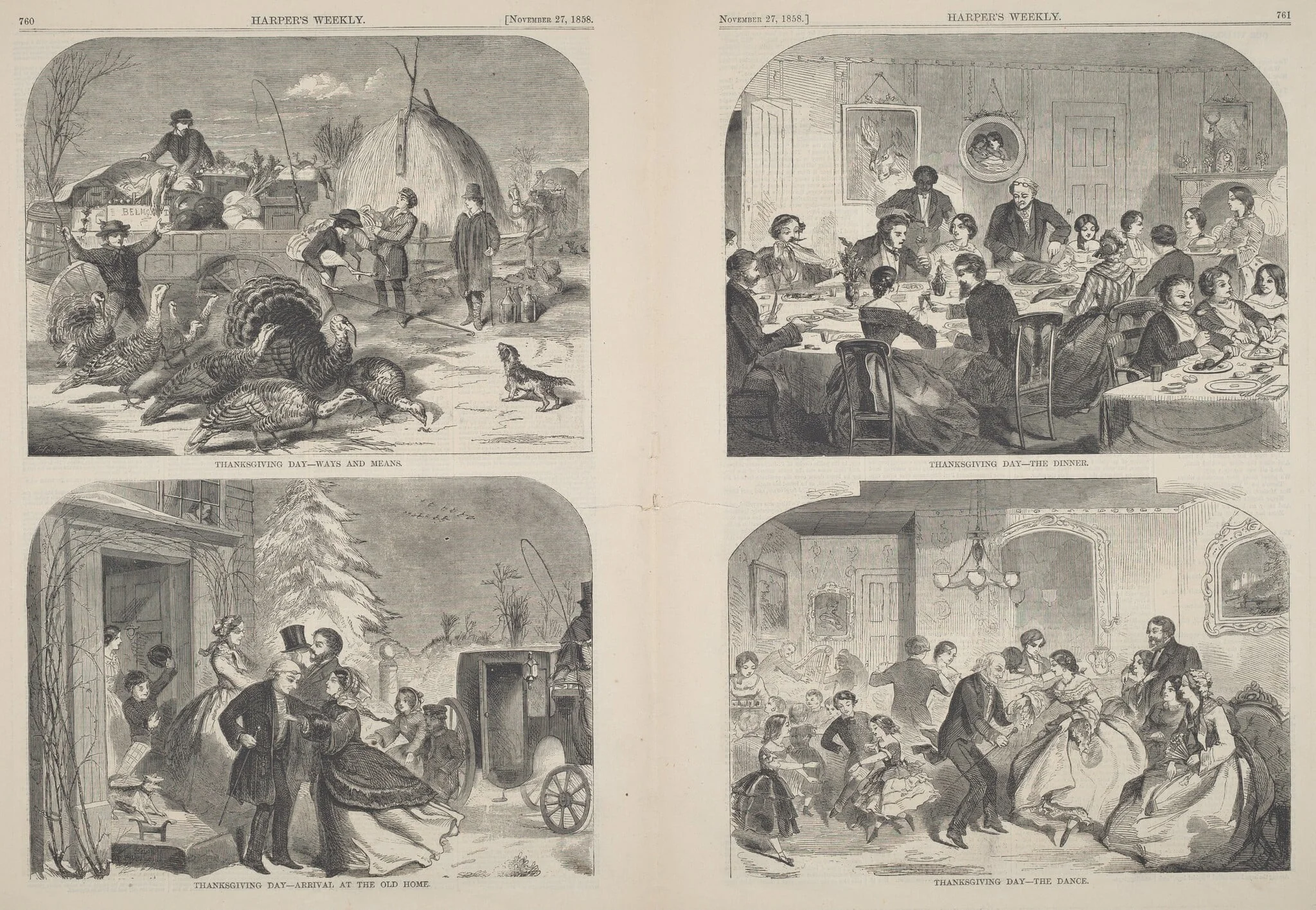 Thanksgiving Day - Ways and Means [upper left], by American 19th Century, ink, 1858