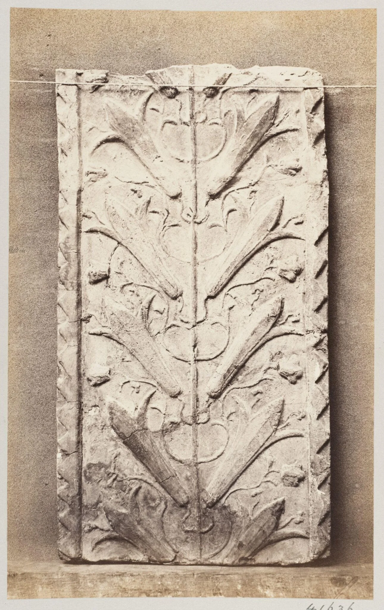 Bas-relief portion of friez of fleur de lys in terra cotta, by Louise Laffon, photographic, 1864