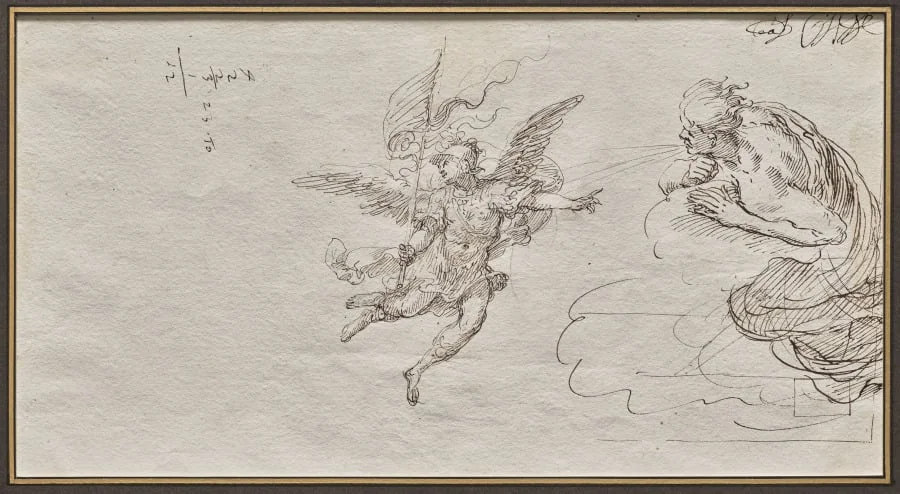 Studies of an Archangel and a Wind God (verso), by Massimo Stanzione, 1624