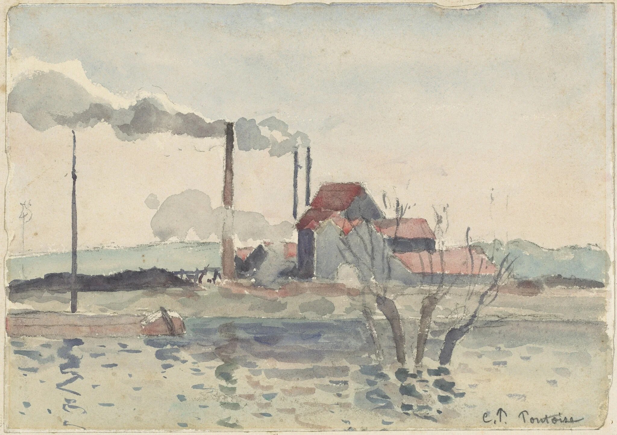Factory on the Oise at Pontoise, by Camille Pissarro, graphite, 1873