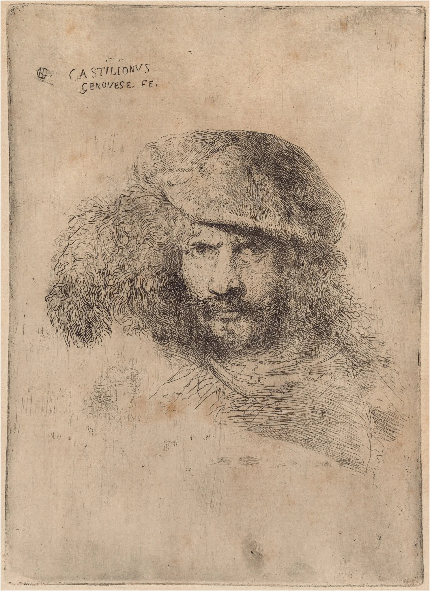Self-Portrait(?), Wearing a Plumed Cap ["Portrait of Bernini"], by Giovanni Benedetto Castiglione, ink, 1646