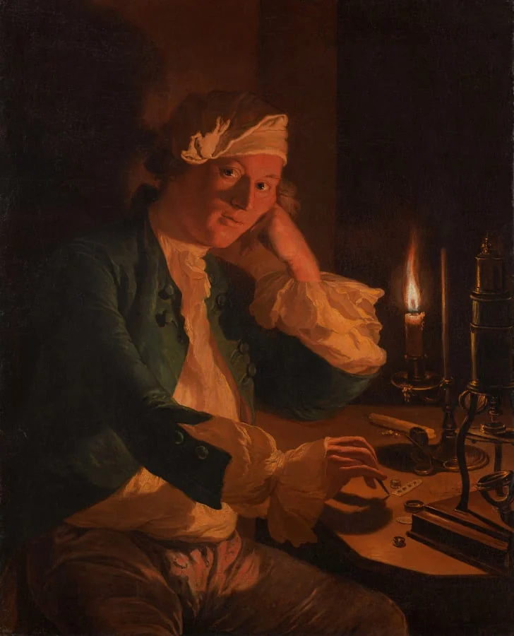 A Scientist Seated at a Desk by Candlelight, by Anna Dorothea Therbusch, unspecified, 1755