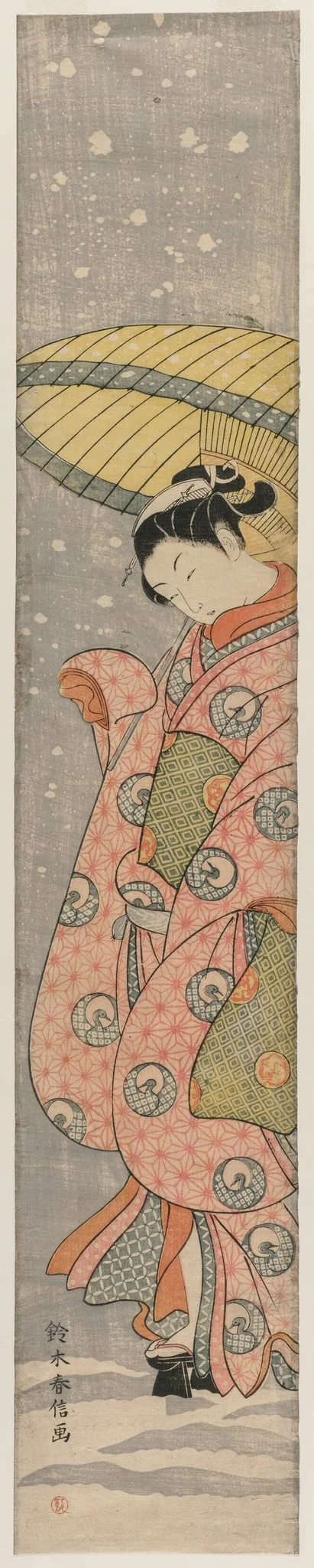 Young Woman Standing Under an Umbrella in the Snow, by Suzuki Harunobu, 1768