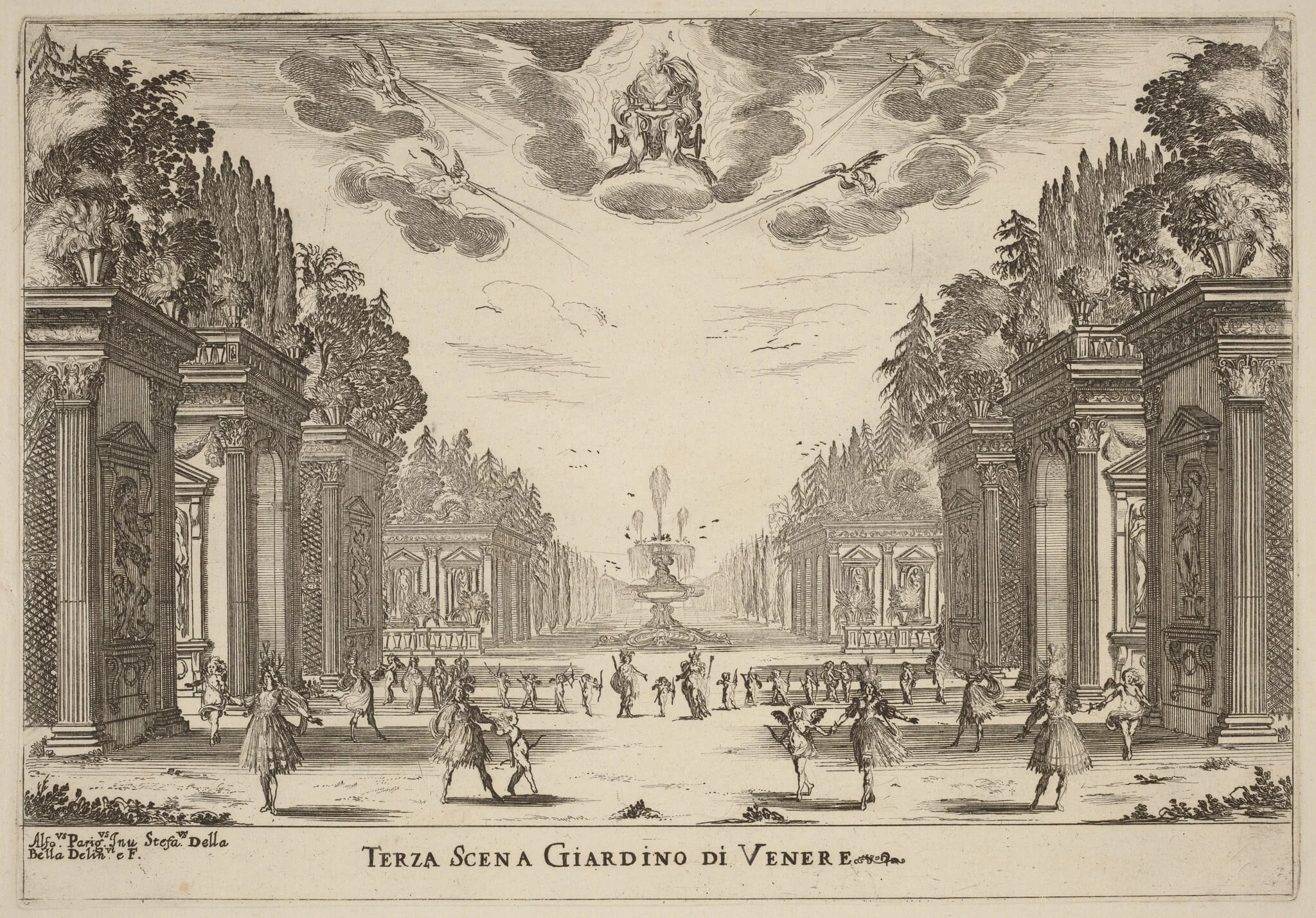 Terza Scena Giardins di Venere, by Stefano Della Bella, ink, 1637